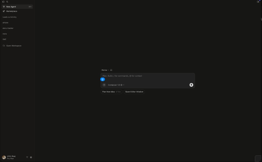 Cursor agent mode, projects list with recent builds