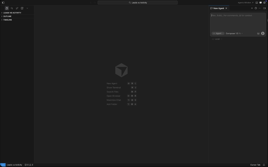 Cursor open with the Leads vs Activity project